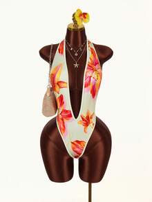 Women's Sexy Floral Print Deep V-Neck Halter Backless Bodysuit, Summer Vacation - Yellow - View 7