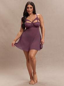 SHEIN BAE 2件套加大码网眼蕾丝加垫文胸和睡裙内衣套装 - 鏽棕色 - 查看 3