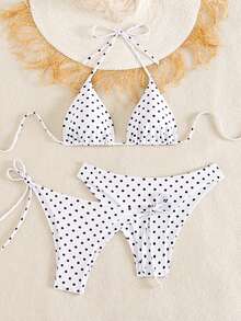 Swim Vcay Women's White With Black Polka Dots 3-Piece Set Triangle Cup Bikini Swimwear,Summer Tropical Holiday Beach Pool Party Vacation Knitted Dress - Multicolor - View 3