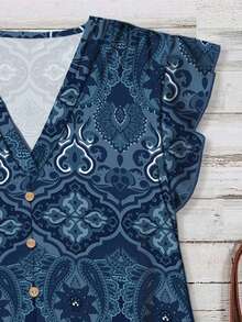 SHEIN LUNE Women's All-Over Print V-Neck Ruffle Hem Casual Blouse, Suitable For Summer,Summer Top - Blue - View 3