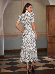 ZEYLAH Short Sleeve Vacation Embroidered Long Dress - Black - View 3