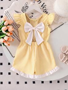 Elladie kids Young Girls Blue & White Striped Ruffle Trim Sleeveless Romper, Elegant, Comfortable, Fashionable Design, Summer Bow Back Outfit Kids Romper Dress Girls Romper Summer Blue Stripe Romper Ruffle Sleeve Romper Cute Light Blue Romper Kids Little Girl Light Blue Outfit Blue Bow Girls Outfit Summer Romper For Girls Spring Outfits For Girls Toddler Girls Clothes - Yellow - View 3