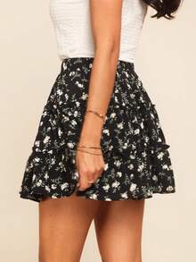 Coeurva Women's Ditsy Floral Frill Trim Casual Skirt - Black - View 2