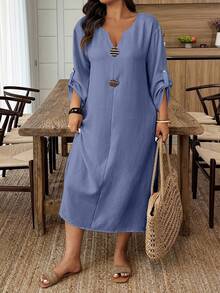 Breezaya Plus Size Casual Metal Decor Roll-Up Sleeve Dress For Holiday BASICS Fall - Navy Blue - View 6