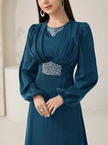 Veilorie Nuevo vestido de cóctel elegante y de lujo con cintura fruncida y adornos de strass, elegante para fiestas - Agua verde azul - Ver 4
