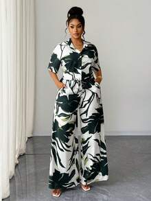 Maweii Plus Size Women Tropical Plant Print Short Sleeve Shirt And Pants Casual Suit - Apricot - View 2