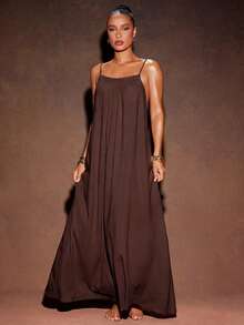 Hauture Vestido maxi elegante y sexy de vacaciones, de espalda baja con detalles de correa de piedra y fluido - Marrón - Ver 2