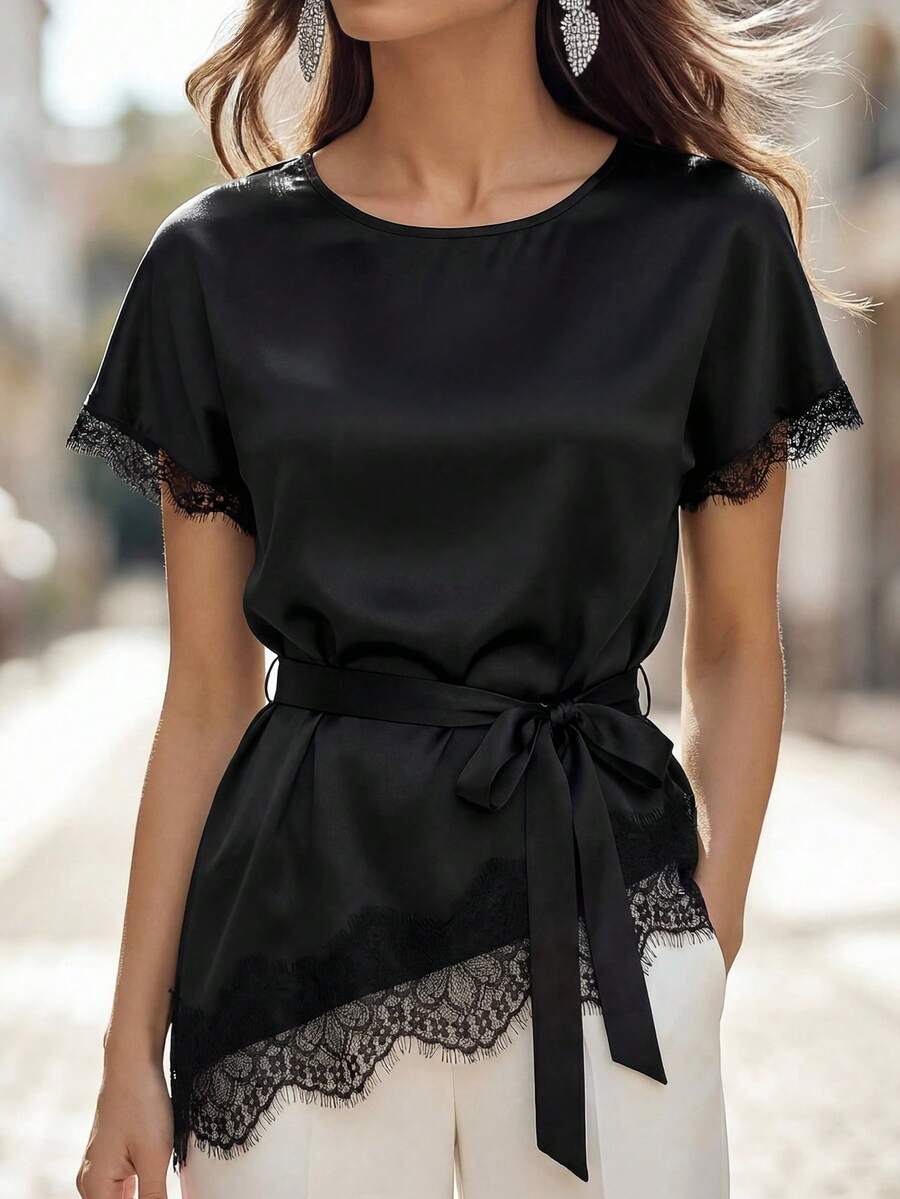 Lace Patchwork Satin Asymmetrical Hem Tie Shirt - Black - View 1