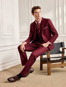 Officeau 3pcs/Set Men's Fashion Solid Color Slim Fit Stretch Business Suit, Containing Blazer Vest Pants, Work Formal Outfit - Burgundy - View 3