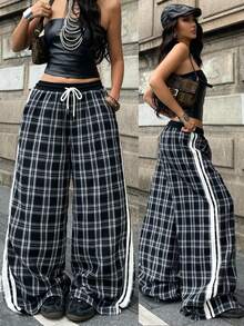SHEIN Coolane Plaid Print Drawstring Waist Slant Pocket Casual Wide Leg Pants - Black - View 2