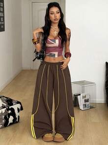 SHEIN Coolane Quần nữ dáng rộng thoải mái với viền tương phản - màu nâu - Xem 5