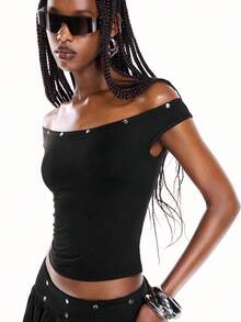 Airlisse 1 Set Solid Color Off-Shoulder Fitted Top And Mini Skirt Casual Street Wear Y2k Y2k Outfit Rave Black Summer Club Night - Black - View 4