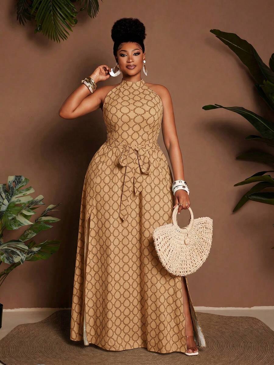 Maweii Vestido de línea A con estampado y cuello halter para mujer de talla grande, vestido casual de playa y vacaciones para el verano - Caqui - Ver 1