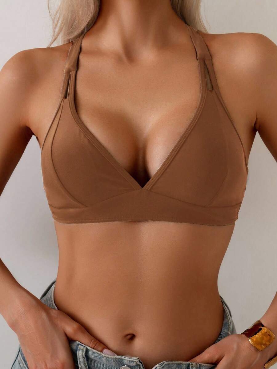 SHEIN Swim Áo bikini nữ màu trơn, dây chéo sau lưng, kiểu dáng tối giản, màu nâu, áo tắm màu nâu, áo bikini nữ, áo tập yoga, áo cổ yếm, áo ngực tích hợp, những kiểu áo ngực tích hợp đẹp nhất. - màu nâu - Xem 1