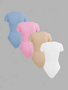 SHEIN BASICS 4pcs/Set Bodysuit Rajut Kasual Warna Polos Leher Bulat Lengan Pendek untuk Wanita Pakaian Musim Panas - MultiWarna - View 2