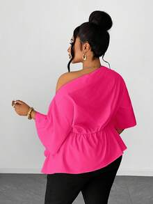 Maweii Spring/Summer/Autumn Oblique Shoulder Ruffle Sleeve Rose Waist Handkerchief Hem Solid Color Elegant Chic Commuting Design Sense High-End Vacation Daily Wear New Essential Plus Size Women Blouse - Hot Pink - View 2
