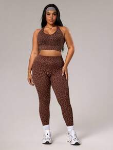 SHEIN Sports 大码女式豹纹提花吊带背心和紧身裤运动套装 - 棕色 - 查看 6