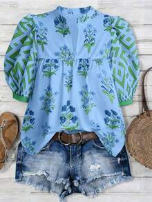 Linhara Plus Size Women's Vacation Puff Sleeve V-Neck Casual Holiday Printed Blouse, Spring/Summer Bohemian Style Vintage Tops - Blue - View 4