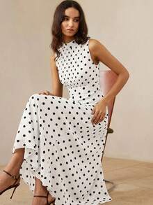 Aveloria Rosie Đầm không tay bằng vải chiffon phối màu chấm bi thanh lịch, thiết kế xếp ly phía trước, thắt eo, phù hợp cho mặc hàng ngày và đi nghỉ mát. - trắng - Xem 1