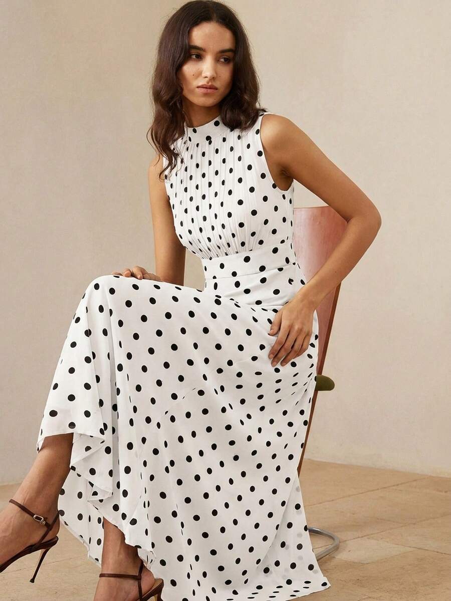 Aveloria Rosie Đầm không tay bằng vải chiffon phối màu chấm bi thanh lịch, thiết kế xếp ly phía trước, thắt eo, phù hợp cho mặc hàng ngày và đi nghỉ mát. - trắng - Xem 1