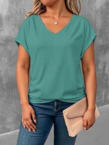 EMERY ROSE Mint Green V-Neck Short Sleeve Plus Size T-Shirt, Batwing Sleeve Design - Multicolor - View 1