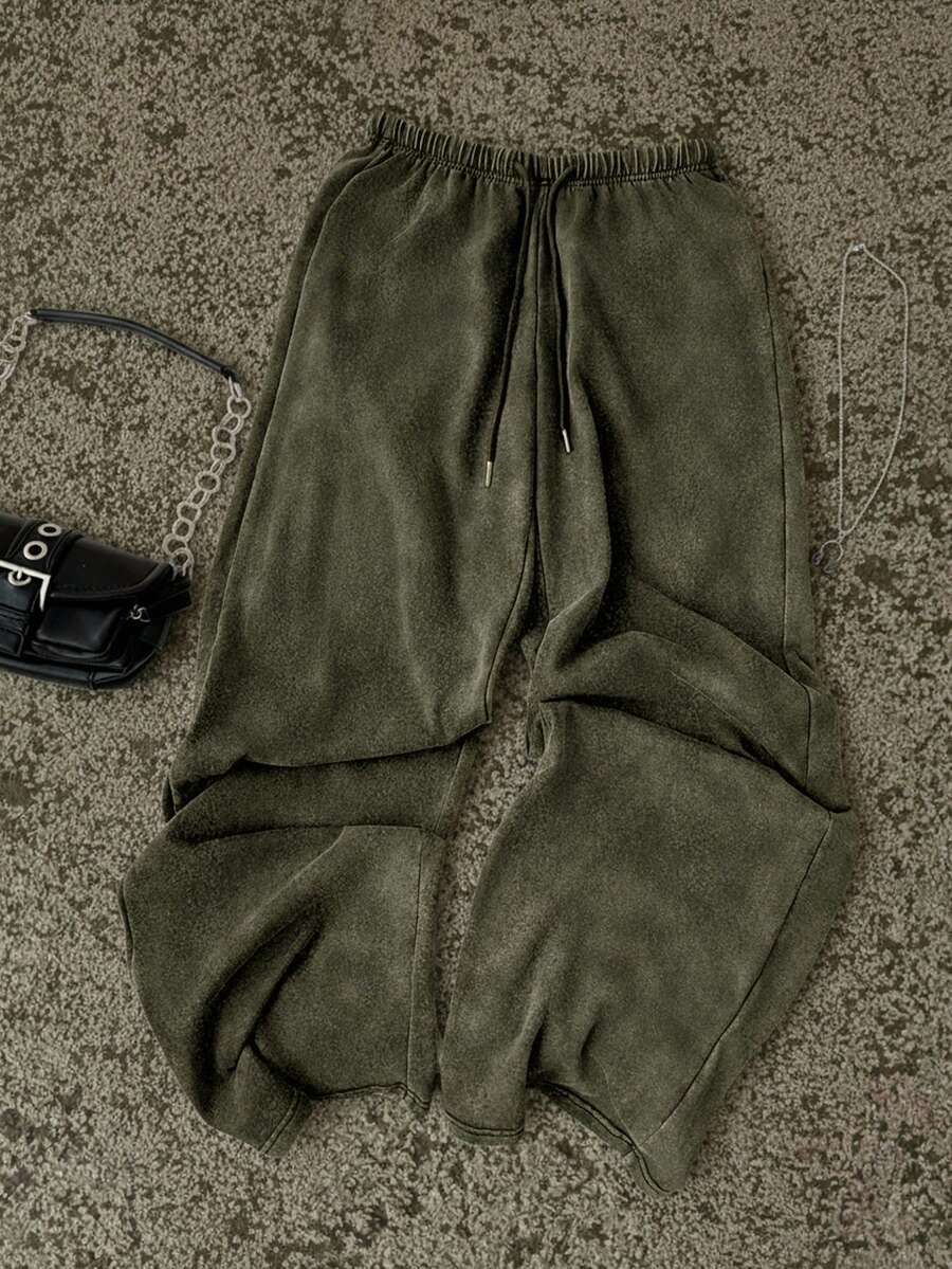 Attitoon 女士休闲低腰直筒运动裤,适合夏季穿着,水洗效果 - 軍綠色 - 查看 1