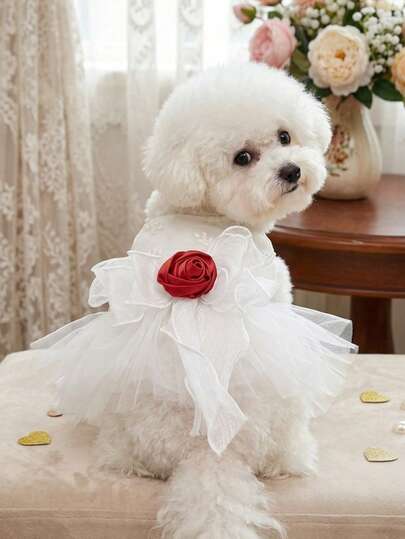 PETSIN 1pc Elegant White Lace Pet Wedding Dress, Cat And Dog Universal Clothes, Red Rose Bow Decoration Luxurious Mesh Fluffy Small Dog Dress