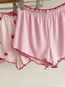 SweetSlumber 3pcs Strawberry Plaid Print, Knitted Ribbed Comfortable Ribbed Strawberry Shorts, Cute Mini Ruffle Hem Women Pajama Bottoms - Multicolor - View 5