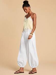 Travachic Pantalones casuales de mujer de unicolor, de ajuste holgado, con cordón y bolsillos laterales - Blanco - Ver 4
