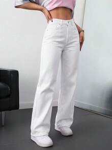 Jeans droits en coton 100% de couleur unie pour femmes - Blanc - Voir 4