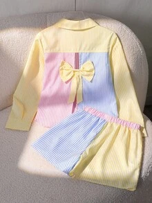 SHEIN 两件套少女休闲Polo领条纹拼接蝴蝶结装饰长袖衬衫和条纹拼接短裤套装，春秋季 - 黃色 - 查看 2