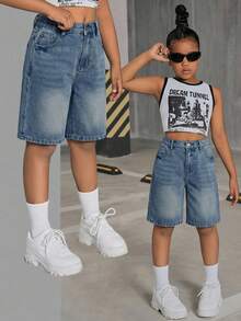 SHEIN Tween Girl Y2K Fashionable Stonewashed High Waist Flap Pocket Baggy Denim Shorts, Back To School Summer - Medium Wash - View 7