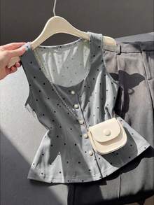 Elegante Blusa de Verano de Lunares Vintage con Decoración de Perlas para Mujer, Blusas Elegantes para Mujer, Atuendos de Trabajo para Mujer, Blusas de Verano para Mujer, Últimas Blusas Lindas para Mujer, Nuevos Llegados, Blusas Casuales Elegantes para Mujer - Gris - Ver 4