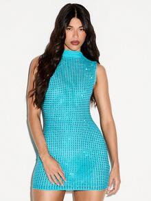 KIZN Vestido mini sin mangas de cuello alto con lentejuelas turquesas y adornos de strass pegados con calor, ajustado al Body para fiesta y club, moda - Burdeos - Ver 5