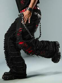 ROMWE MEN Street Life Quần jeans nam phong cách Punk đường phố rách túi xéo - màu đen - Xem 1