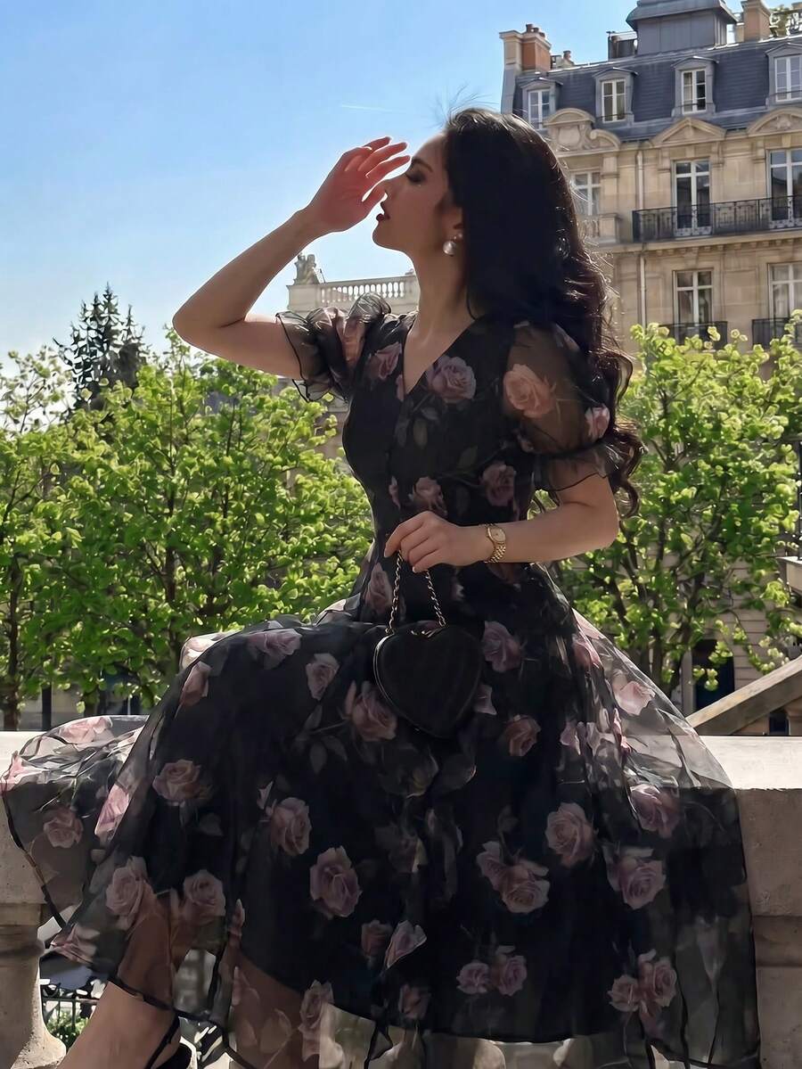 Modelyn Vestido de flores con mangas de pétalo elegante para uso diario de mujer