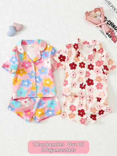 4pcs Baby Girls' Sweet Cute Elegant Casual Comfortable Fun Fashion Minimalist Colorful Fresh Soft Flame Retardant Knitted Fabric Cartoon Floral Print Lapel Cardigan Short Sleeve Top & Shorts Pajama Set