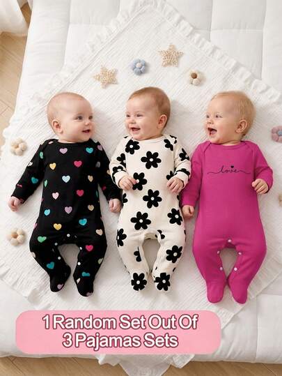 [Gửi ngẫu nhiên 3 bộ, 1 bộ] Bộ đồ ngủ liền thân cho bé sơ sinh, in chữ màu tím nho, in hoa đen toàn bộ, in hình trái tim rực rỡ toàn bộ, thoải mái và tiện lợi, bộ đồ ngủ mềm mại mùa xuân/hè, giúp bé trông dễ thương và năng động, chất vải mềm mại và thoải mái, mang lại cảm giác ấm áp như vòng tay mẹ.