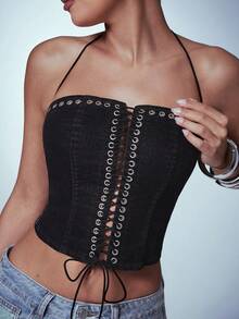 Denimoi Áo corset denim nhung buộc dây khoét eo với chi tiết vòng chữ O, kiểu dáng gợi cảm, thích hợp cho các buổi tiệc tùng, đi club hoặc concert. - màu đen - Xem 2