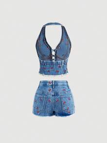 SHEIN MOD Áo kiểu nữ casual thêu hoa anh đào, cài cúc phía trước, hở lưng, cổ yếm, thích hợp cho mùa hè. - Màu xanh lam - Xem 6
