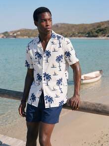 Palasendo Men's Simple And Fashionable Beach Outfit - Short Sleeve Shirt And Shorts, Suitable For Summer Man Swim Trunks, Hawaiian, Men 2 Piece Set Vacation, Men Beach Outfit Set, Men Resort Wear, Men S Palm Tree Shirt, Men Tropical Print Shirt - Blue and White - View 1