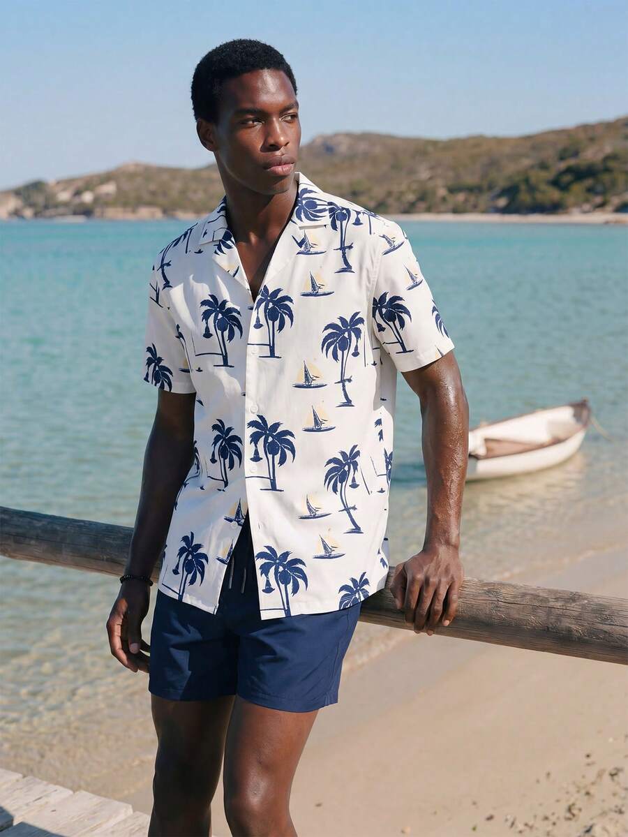 Palasendo Men's Simple And Fashionable Beach Outfit - Short Sleeve Shirt And Shorts, Suitable For Summer Man Swim Trunks, Hawaiian, Men 2 Piece Set Vacation, Men Beach Outfit Set, Men Resort Wear, Men S Palm Tree Shirt, Men Tropical Print Shirt - Blue and White - View 1