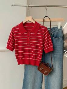 SHEIN EZwear Áo thun nữ tay ngắn cổ polo kẻ sọc, kiểu dáng thường ngày, thích hợp mặc đi làm, mùa hè. - Đỏ - Xem 4