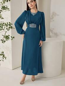Veilorie Nuevo vestido de cóctel elegante y de lujo con cintura fruncida y adornos de strass, elegante para fiestas - Agua verde azul - Ver 2