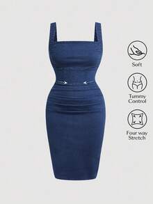 SHEIN Tall CURVE 大码女式夏季优雅简约褶皱修身牛仔吊带裙 - 藍色 - 查看 1