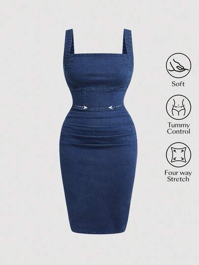 SHEIN Tall CURVE 大码女式夏季优雅简约褶皱修身牛仔吊带裙
