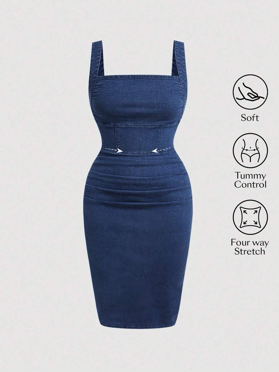 SHEIN Tall CURVE 大码女式夏季优雅简约褶皱修身牛仔吊带裙 - 藍色 - 查看 1