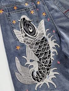 ROMWE MEN Quần short denim nam dáng rộng, thêu họa tiết. - Xám - Xem 2