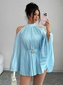 Elenzya Blusa elegante de mujer para vacaciones y viajes con cintura definida, manga acampanada de largo medio y cinturón - Celeste - Ver 5