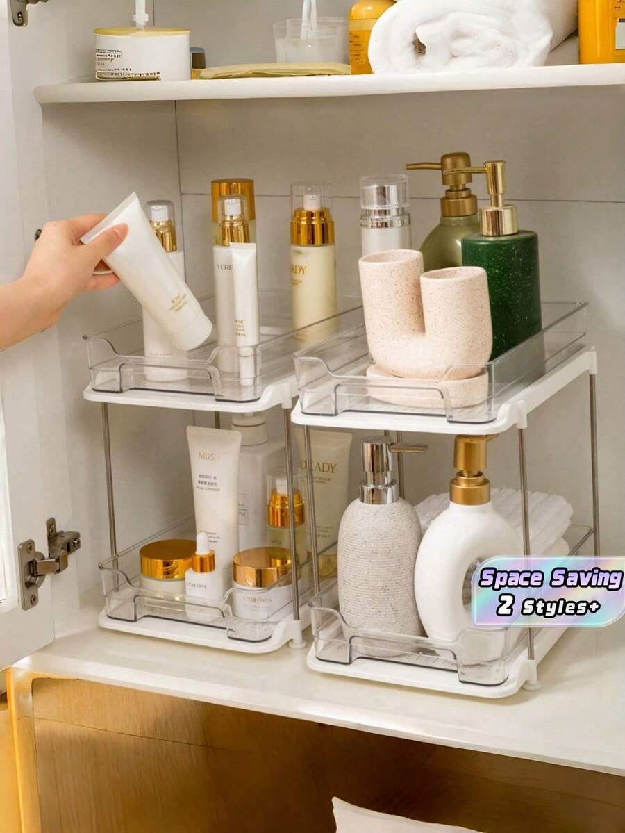 1PC 2 Tier Spice Rack Drawer With Divider Kitchen Storage Organizer Seasoning Bottle Storage Cabinet Countertop Space Saving Adjustable Clear Multifunctional Shelf For Pantry Home Organization Kitchen Accessories - White - View 1